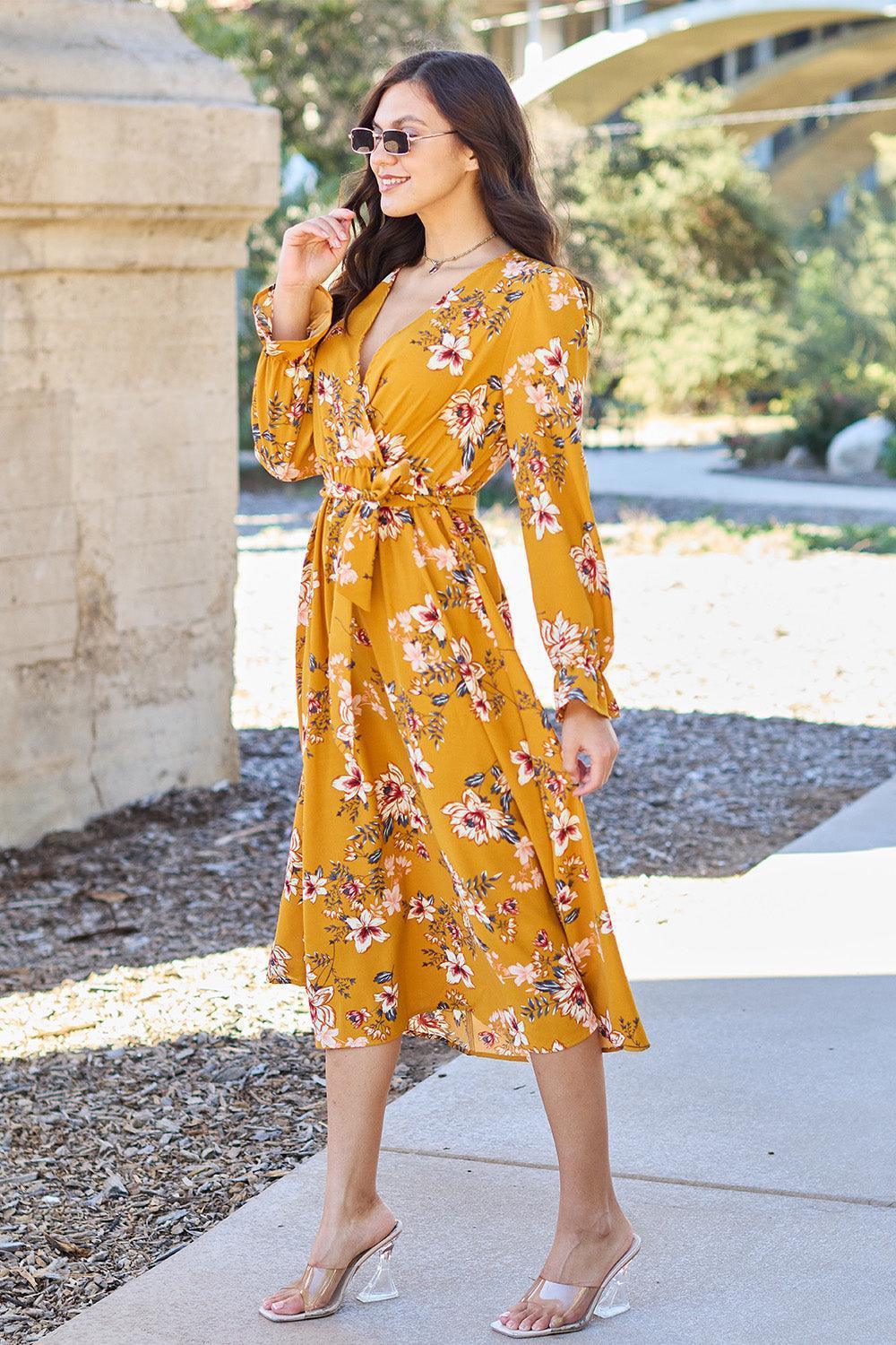 Double Take Full Size Floral Tie Back Flounce Sleeve Dress - ClubOn