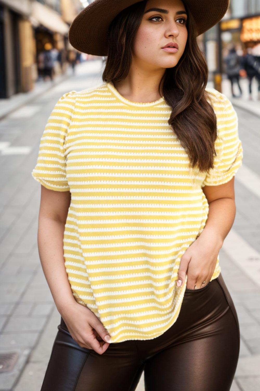 Plus Size Striped Round Neck T-Shirt - ClubOn