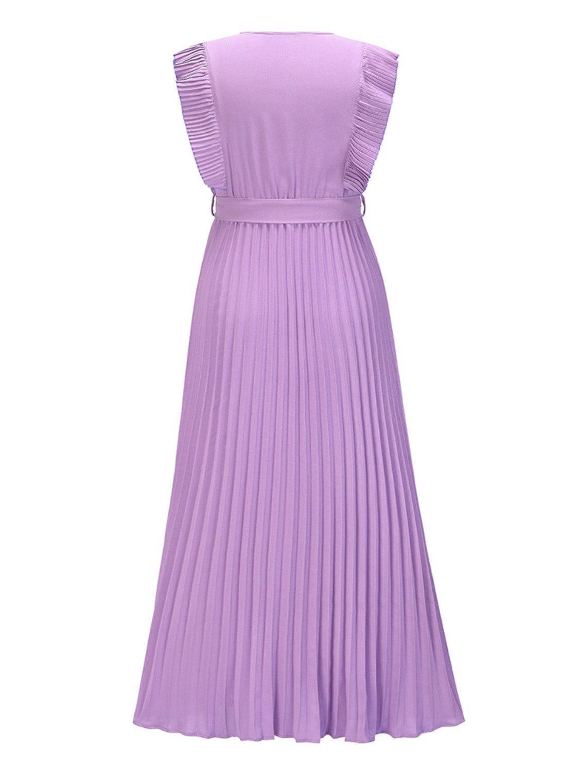 Tied Surplice Cap Sleeve Pleated Dress - ClubOn