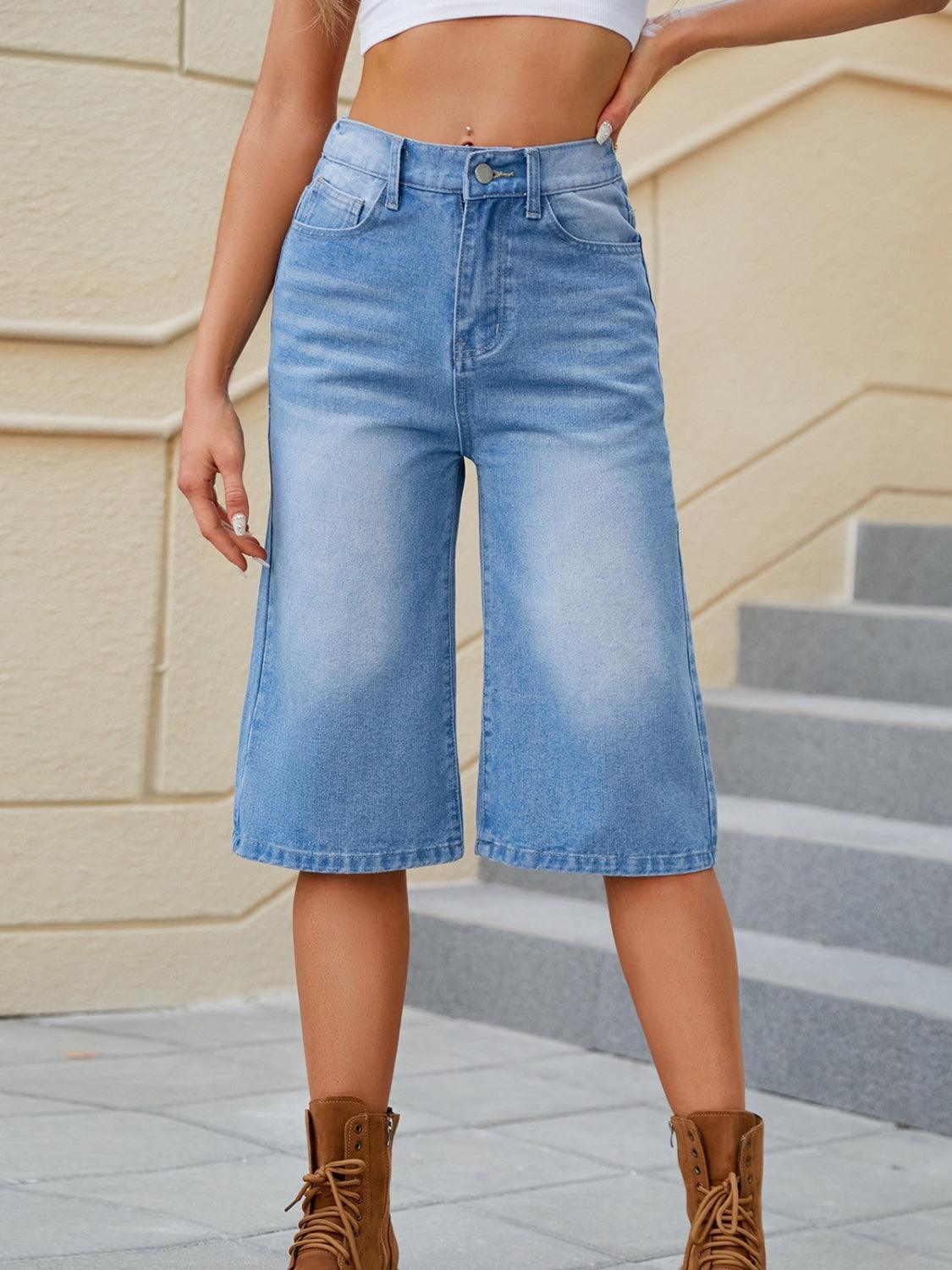 High Waist Denim Shorts with Pockets - ClubOn
