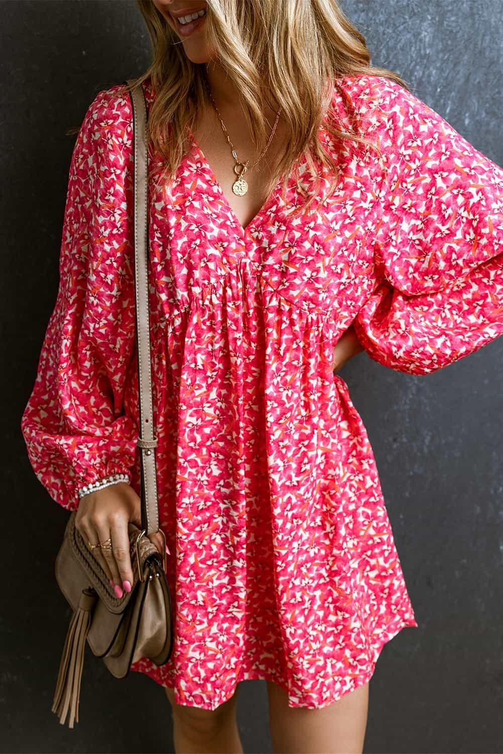V-Neck Floral Print Long Sleeve Mini Dress - ClubOn
