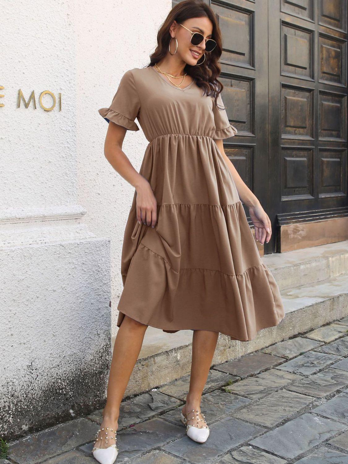 V-Neck Short Sleeve Midi Dress - ClubOn