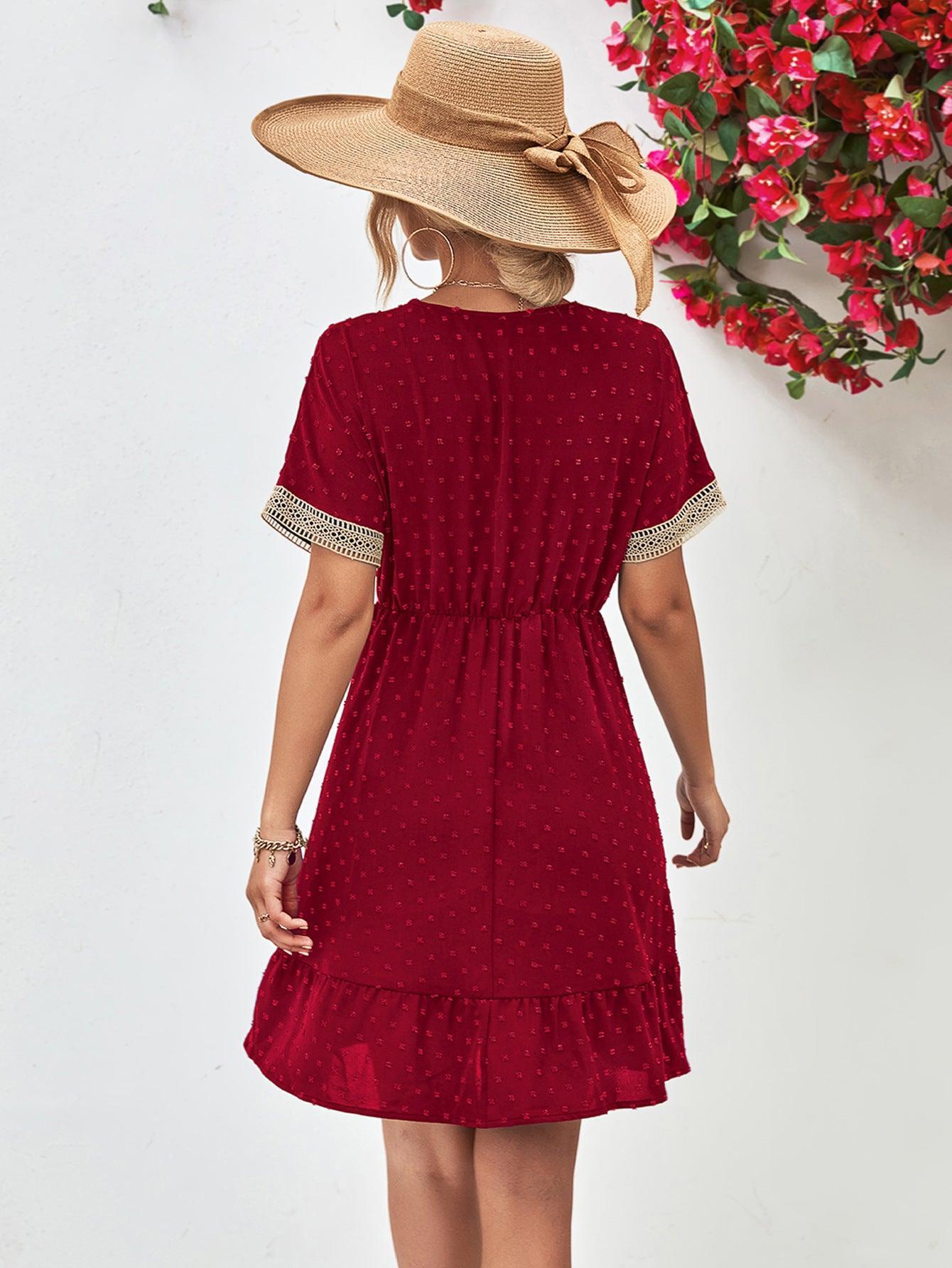 Contrast V-Neck Short Sleeve Mini Dress - ClubOn