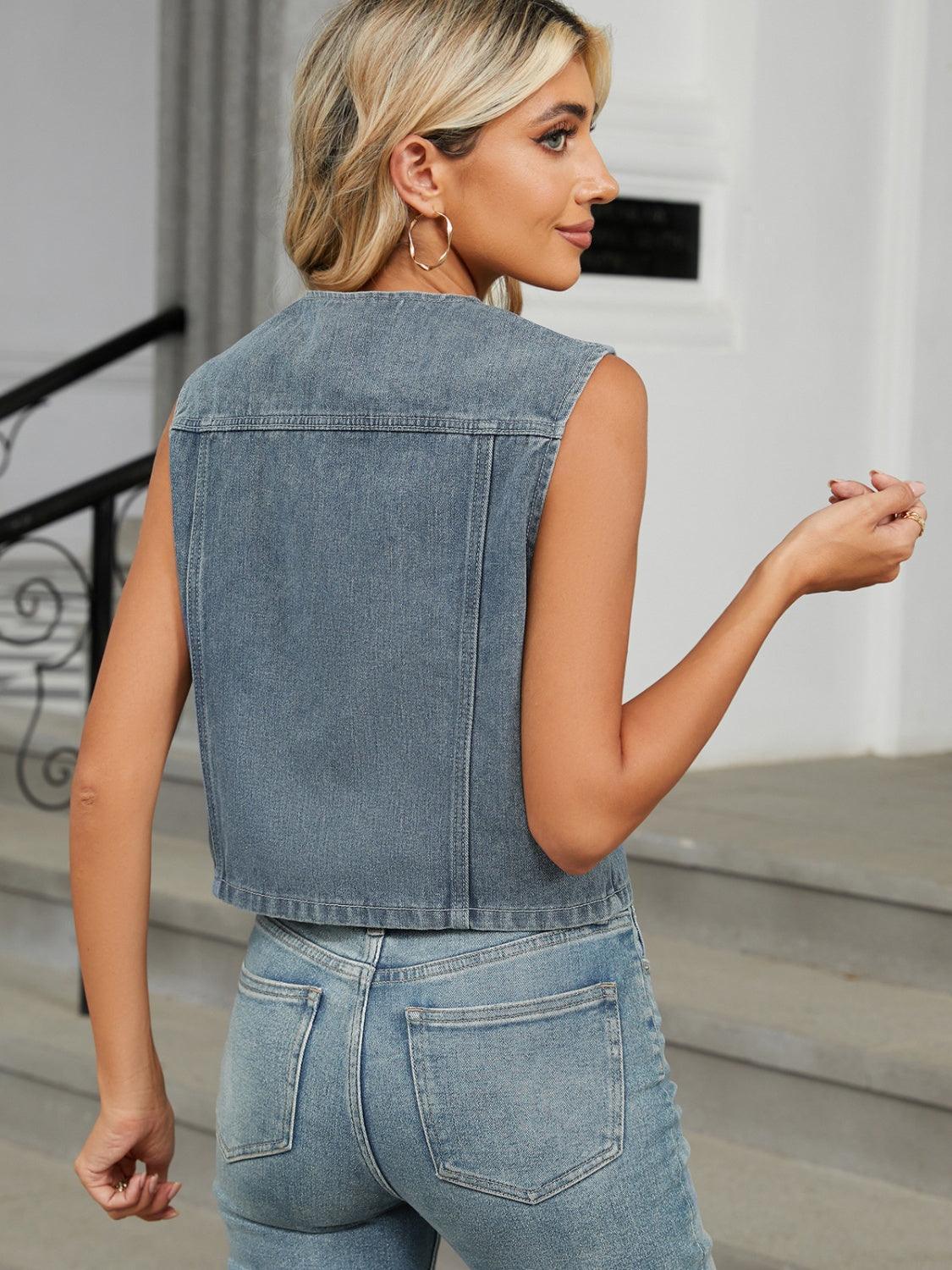 V-Neck Button Down Denim Vest - ClubOn