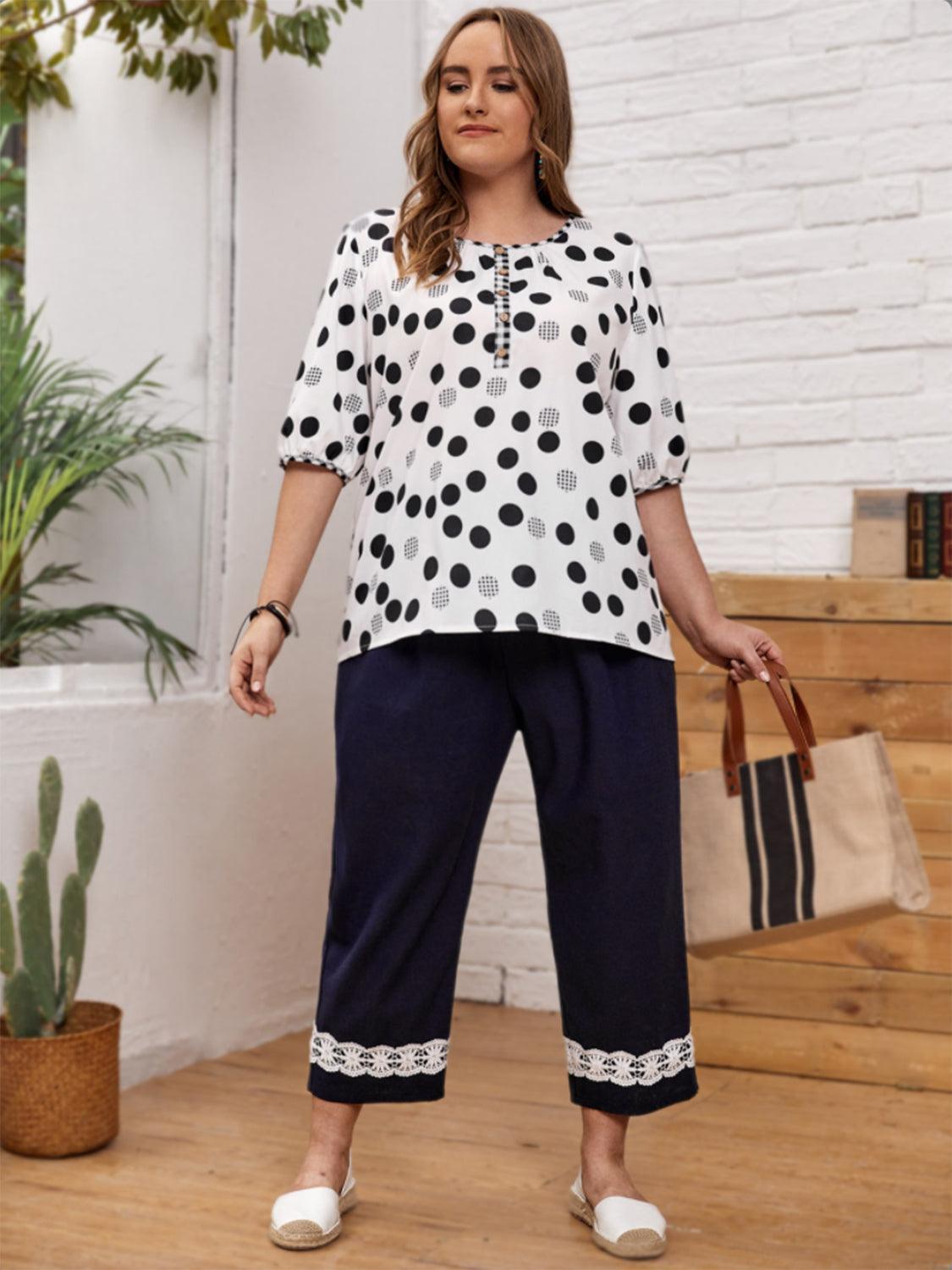 Plus Size Polka Dot Round Neck Half Sleeve Blouse - ClubOn