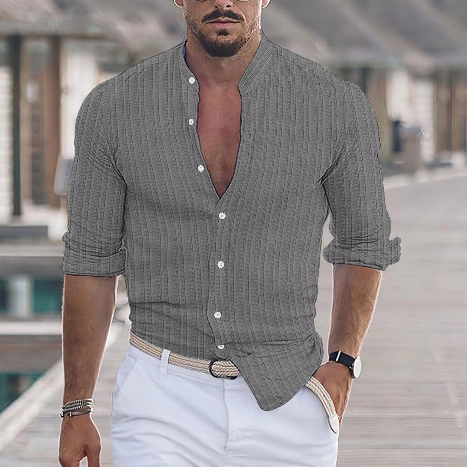 Men's Striped Long Sleeve Shirt - Casual Beach Style Top - ClubOn