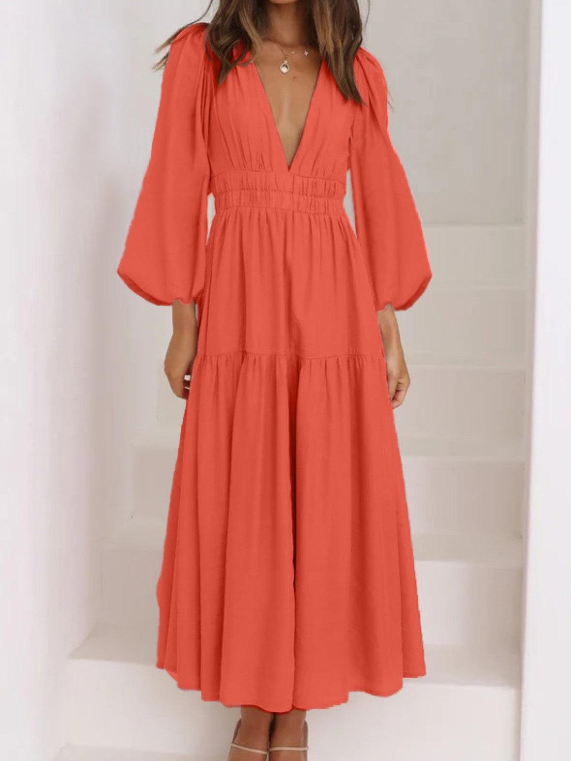 Deep V-Neck Balloon Sleeve Plain Maxi Dress - ClubOn
