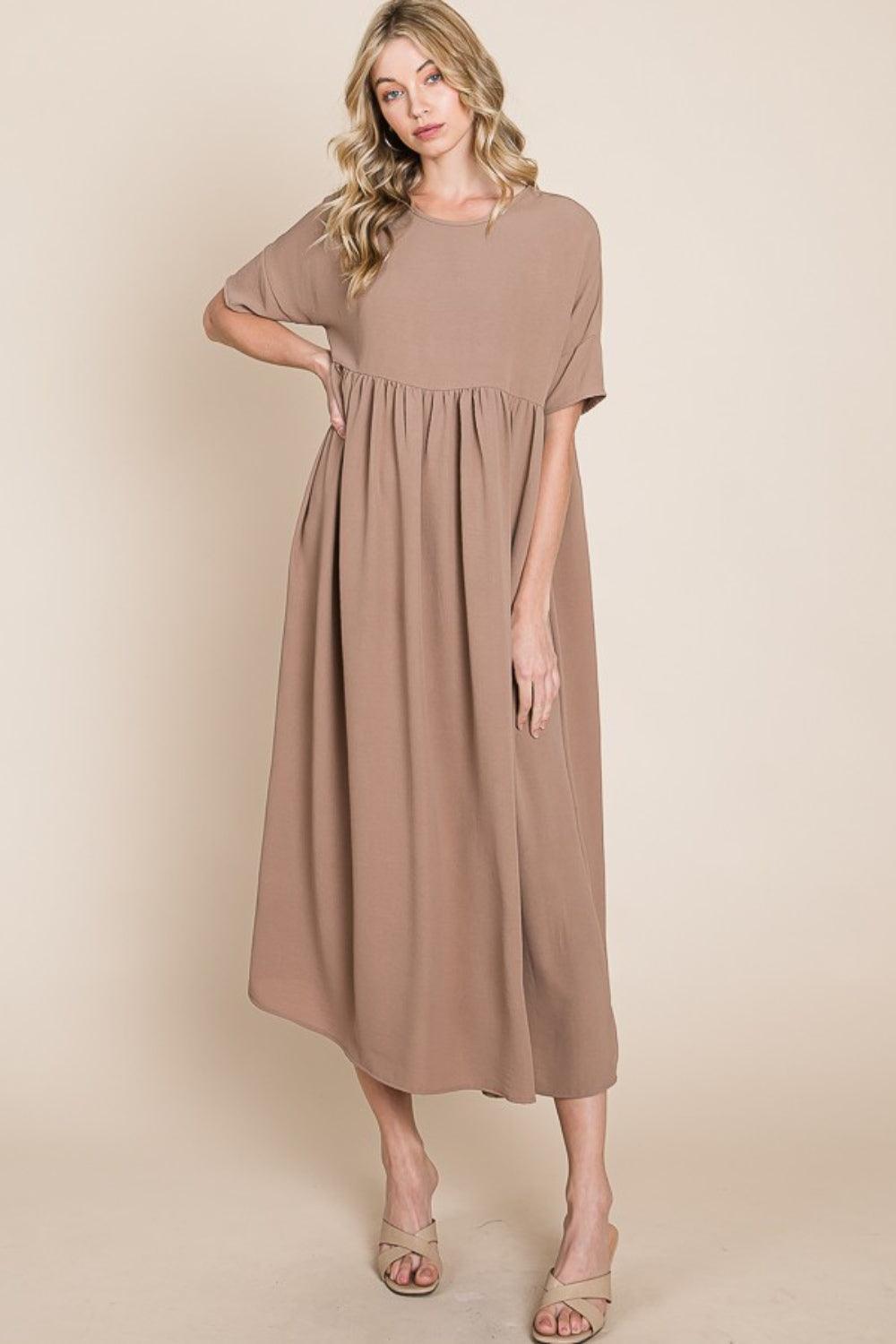 BOMBOM Round Neck Ruched Midi Dress - ClubOn
