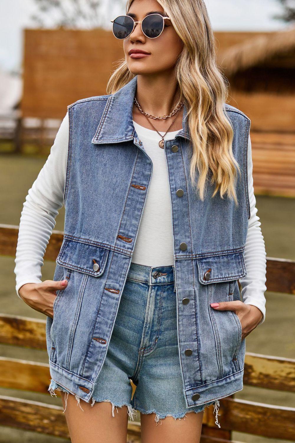 Sleeveless Collared Neck Denim Top with Pockets - ClubOn