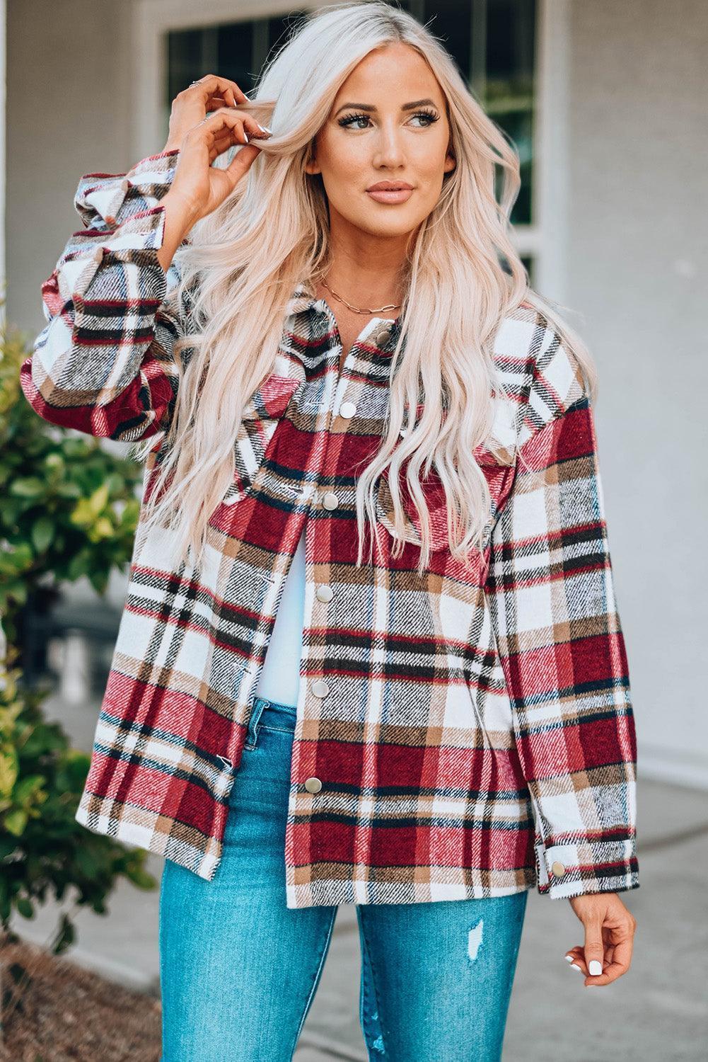 Double Take Plaid Button Front Shirt Jacket with Breast Pockets - ClubOn