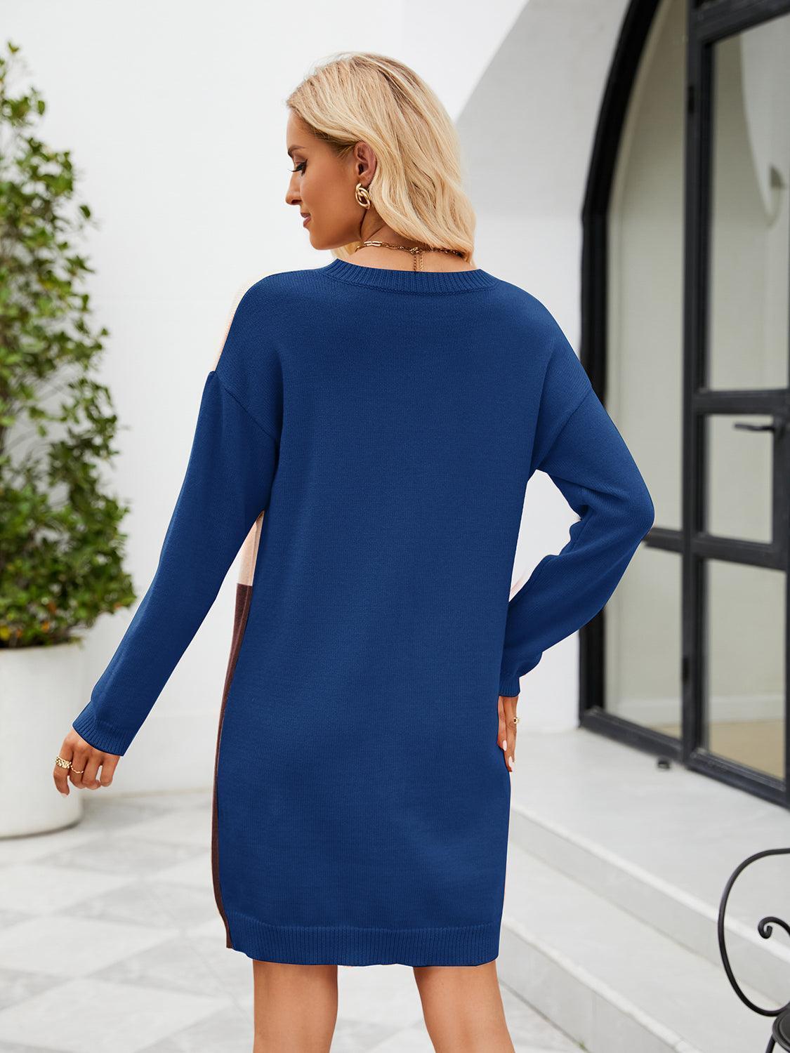 Color Block Dropped Shoulder Sweater Dress - ClubOn