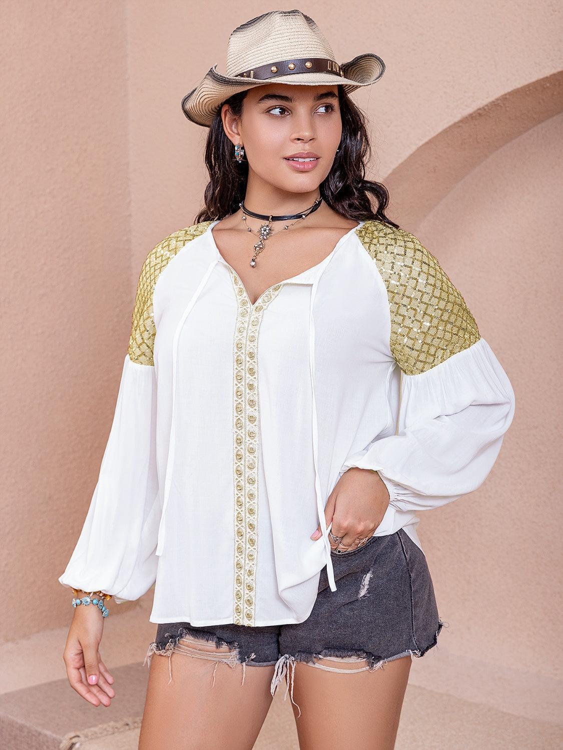 Plus Size Sequin Tie Neck Dropped Shoulder Blouse - ClubOn