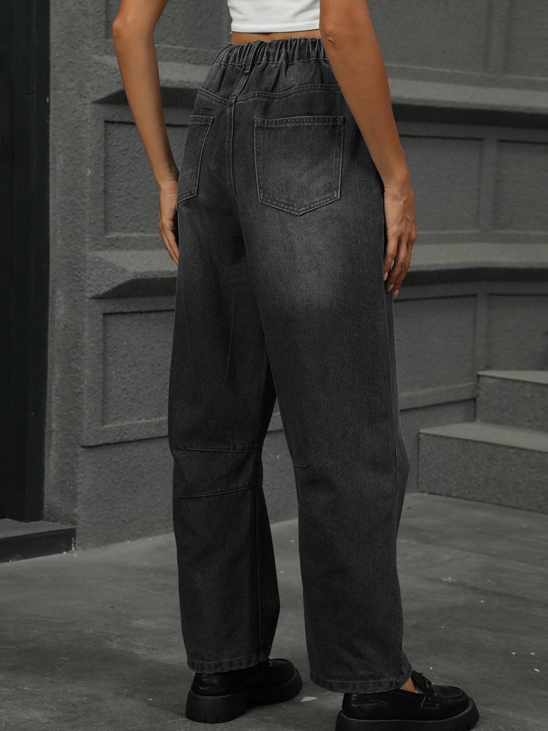 Half Elastic Waist Straight Leg Jeans - ClubOn