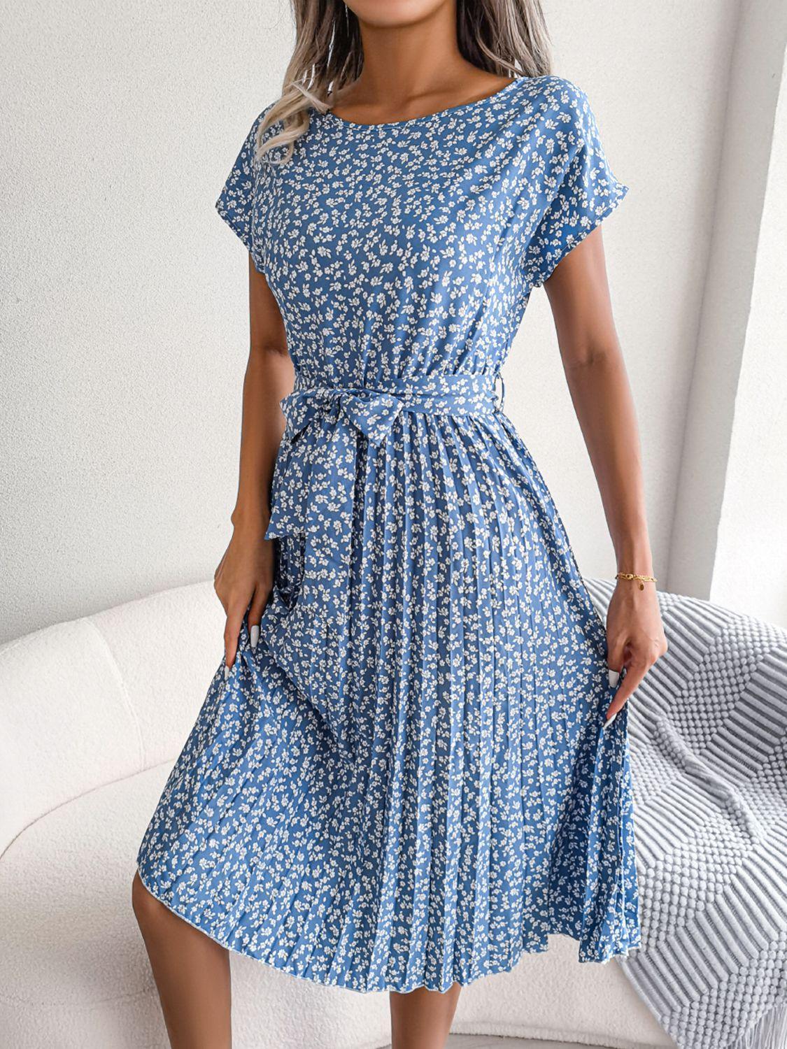 Ditsy Floral Pleated Belted Dress - ClubOn