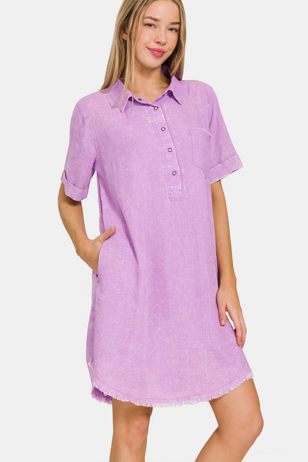 Zenana Washed Linen Raw Hem Dress with Pockets - ClubOn
