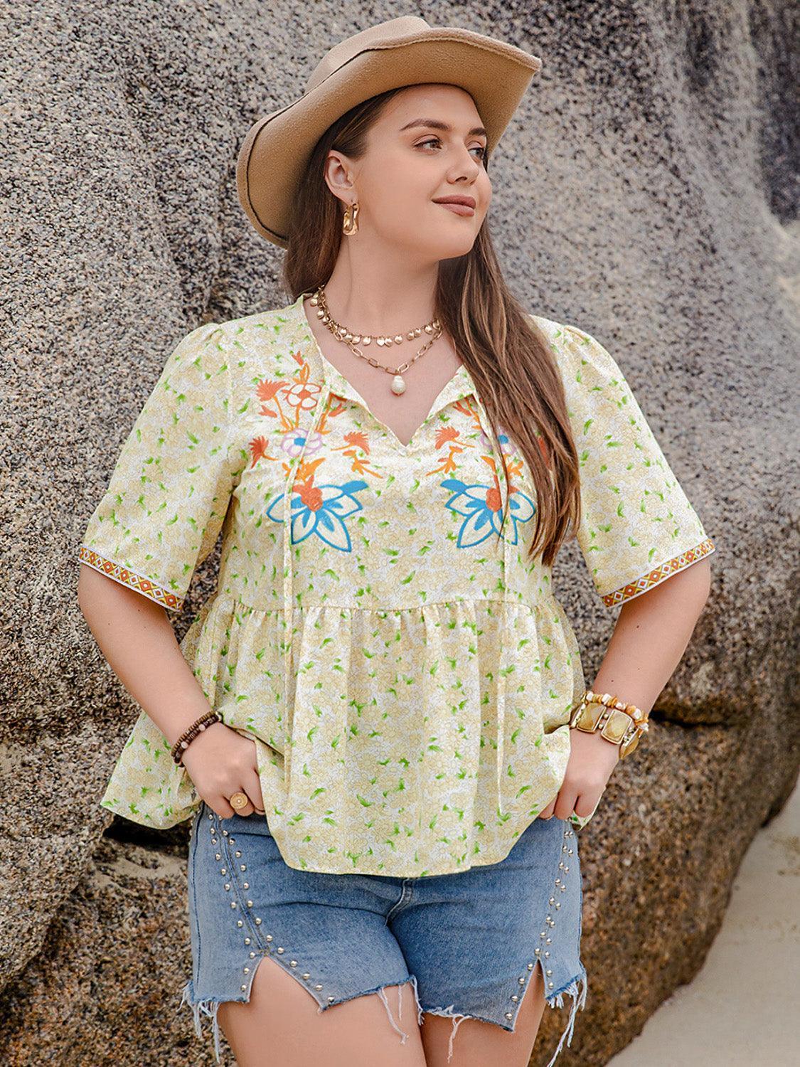 Plus Size Printed Tie Neck Half Sleeve Blouse - ClubOn