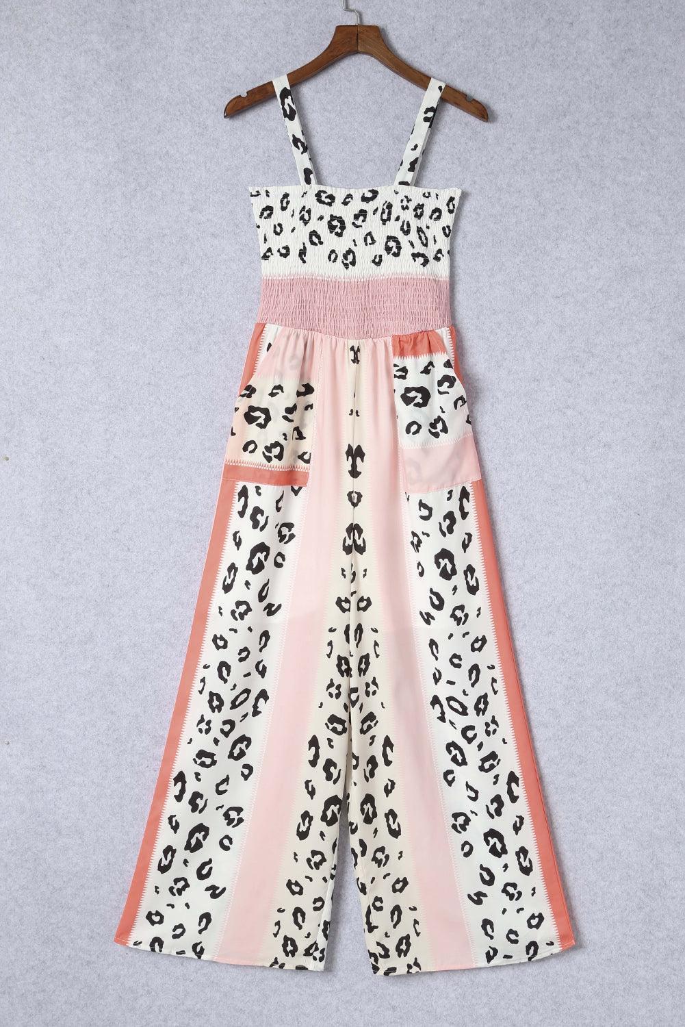 Leopard Color Block Smocked Jumpsuit - ClubOn