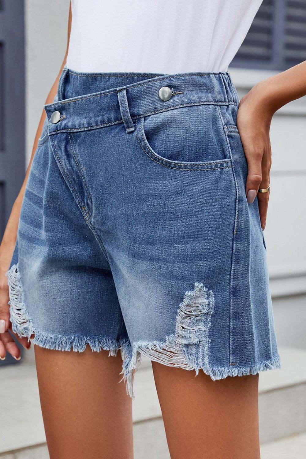 Distressed Raw Hem Asymmetric Waist Denim Shorts - ClubOn
