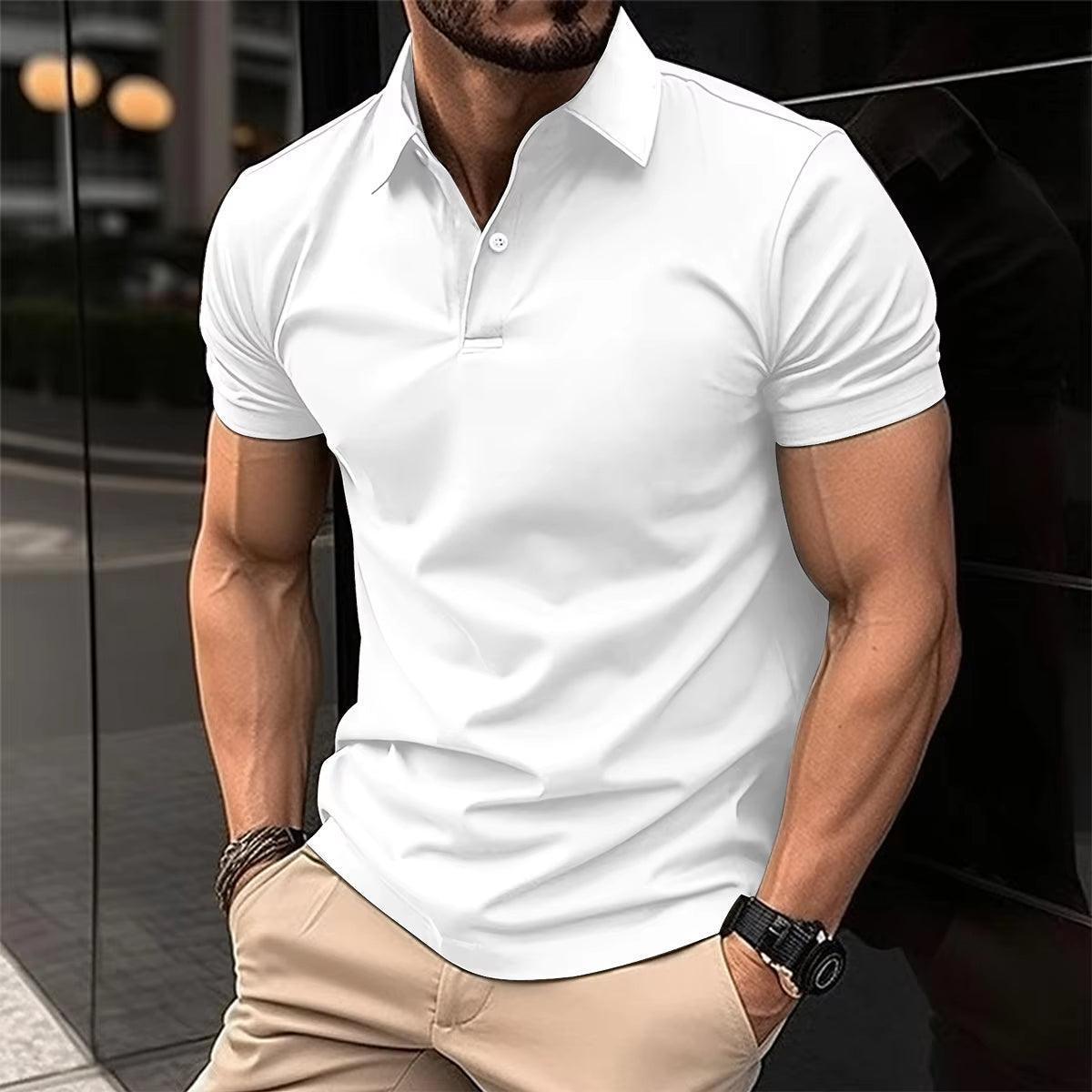 Men's Fashionable Button Polo T-Shirt - Solid Color Lapel Streetwear - ClubOn
