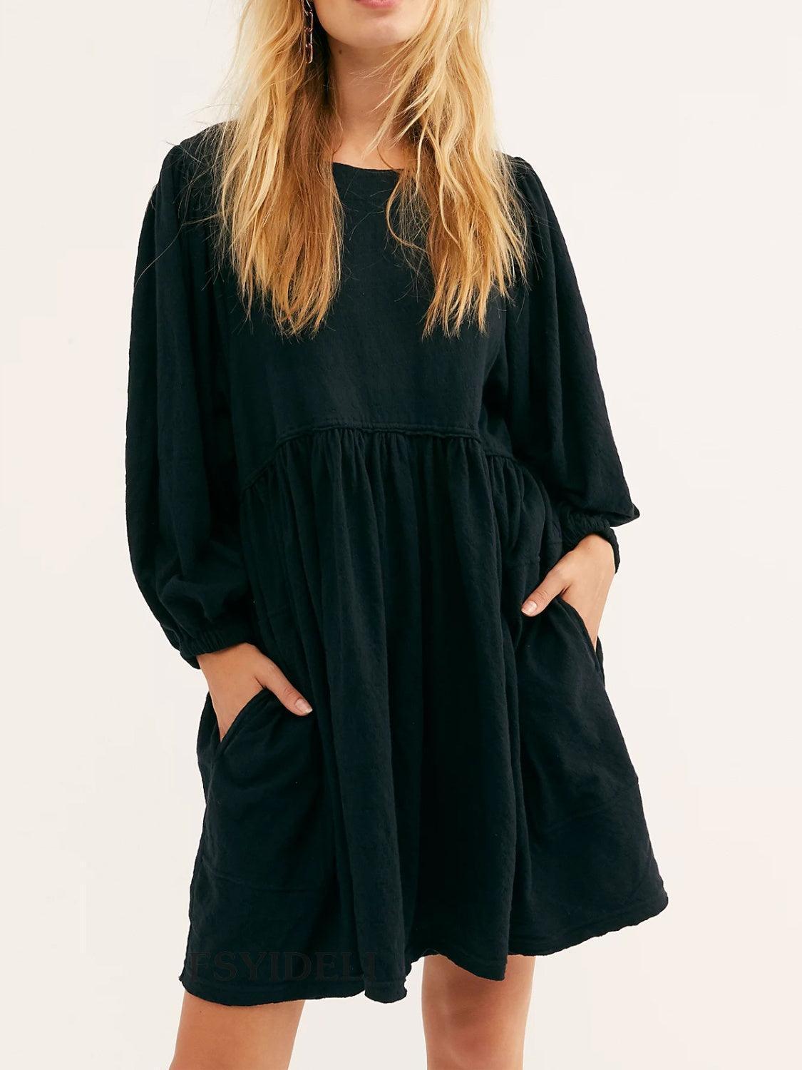 Cutout Textured Long Sleeve Mini Dress - ClubOn