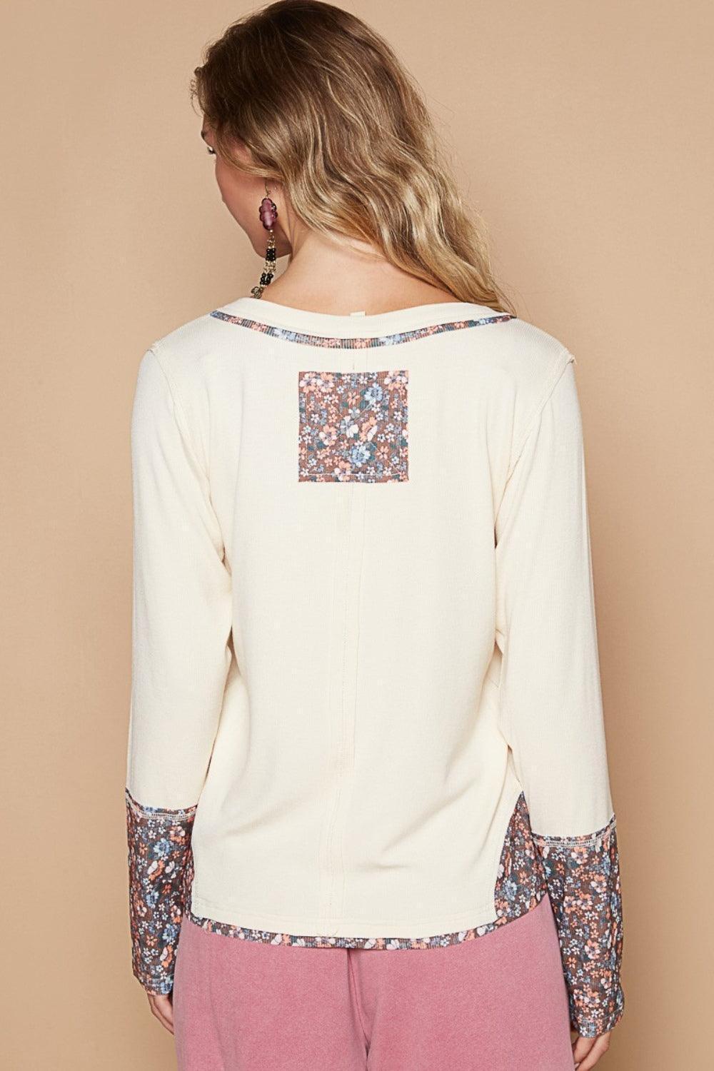 POL V-Neck Long Sleeve Floral Number Patch T-Shirt - ClubOn