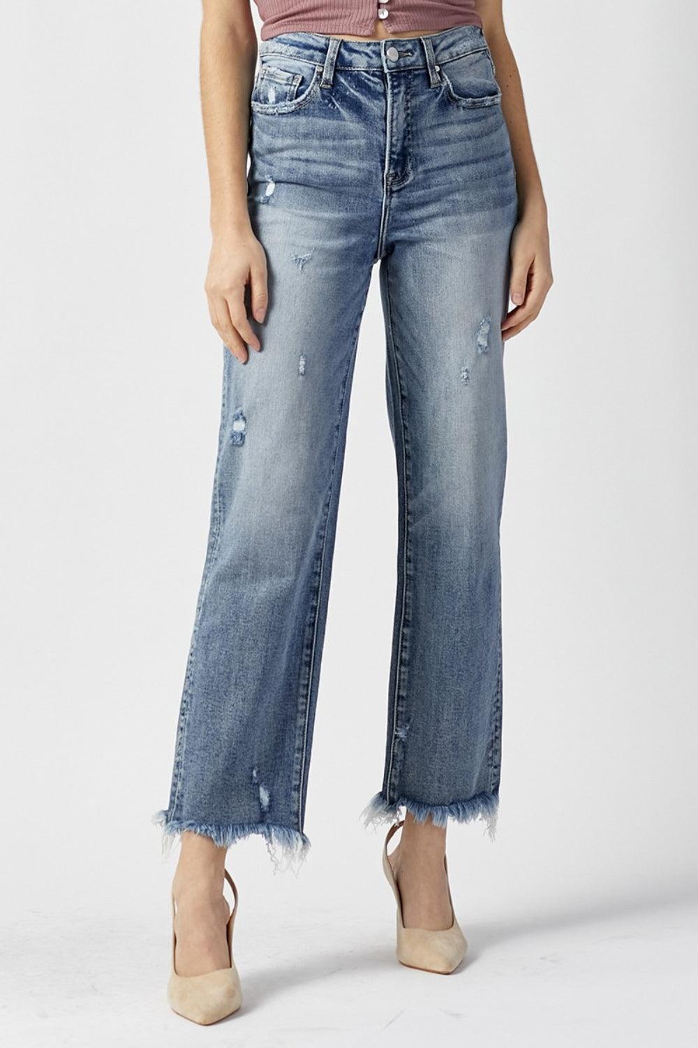 RISEN High Waist Raw Hem Straight Jeans - ClubOn