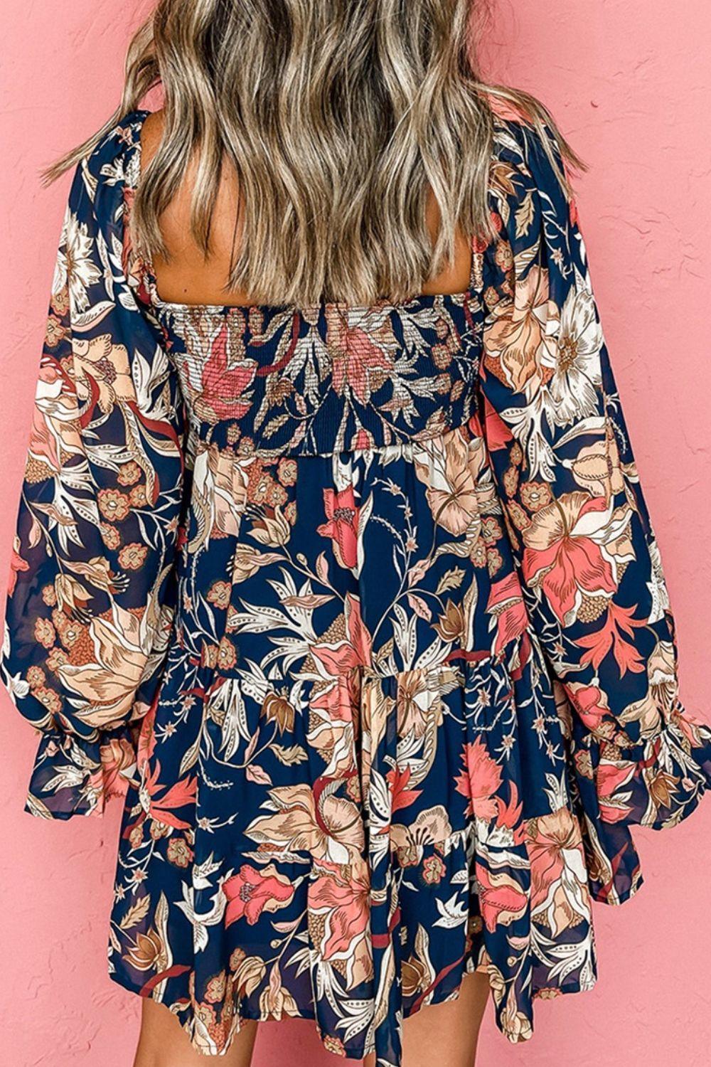 Plus Size Smocked Printed Long Sleeve Dress - ClubOn