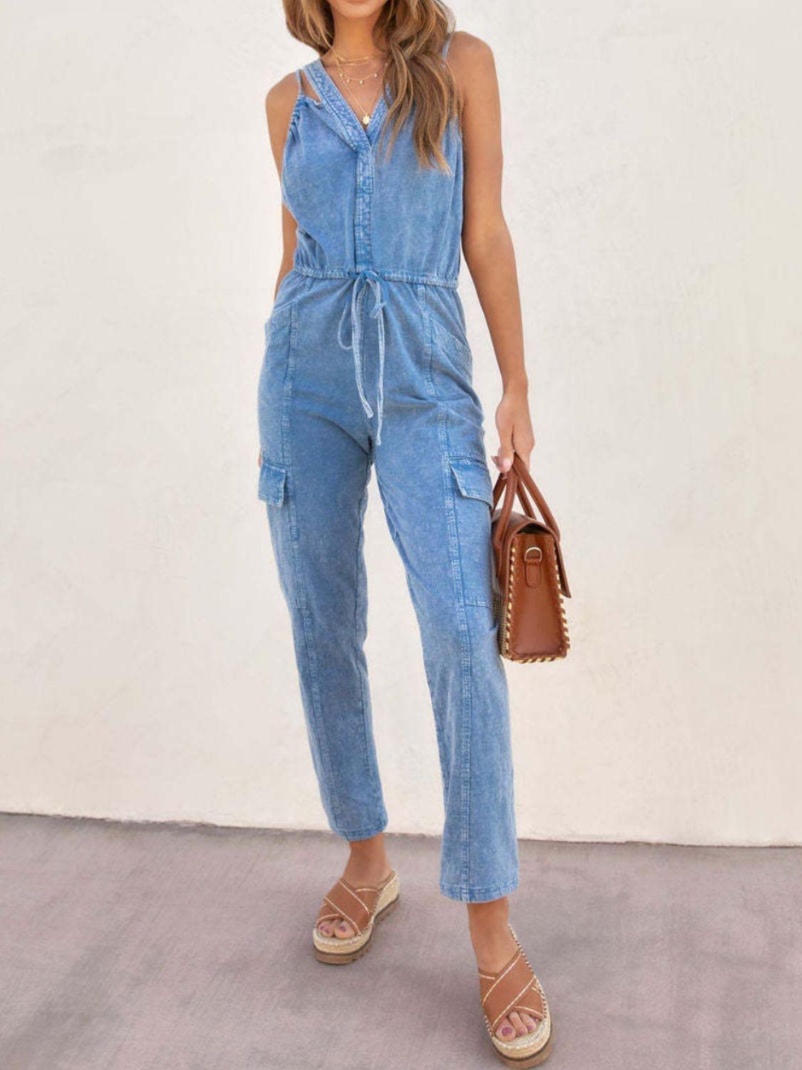 V-Neck Sleeveless Denim Jumpsuit - ClubOn