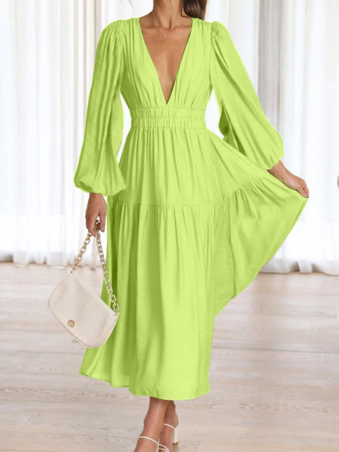 Deep V-Neck Balloon Sleeve Plain Maxi Dress - ClubOn