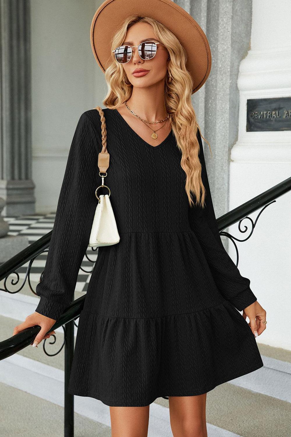 V-Neck Long Sleeve Mini Dress - ClubOn