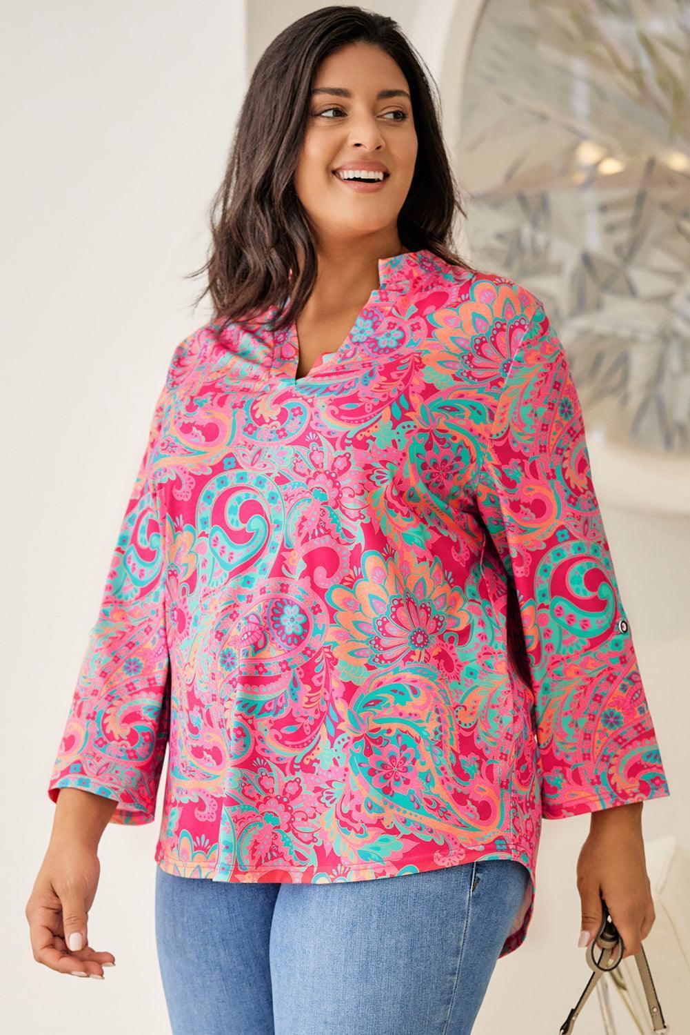 Plus Size Printed Notched Long Sleeve Blouse - ClubOn