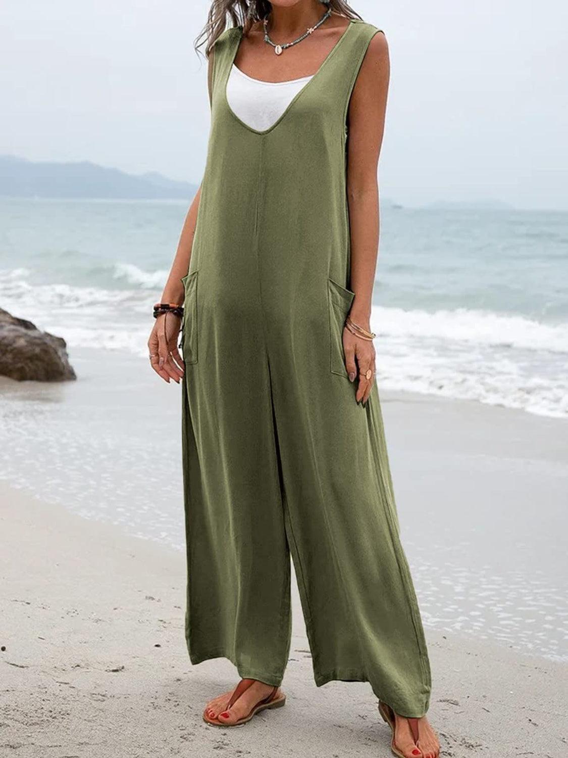 Full Size Wide Strap Jumpsuit with Pockets - ClubOn