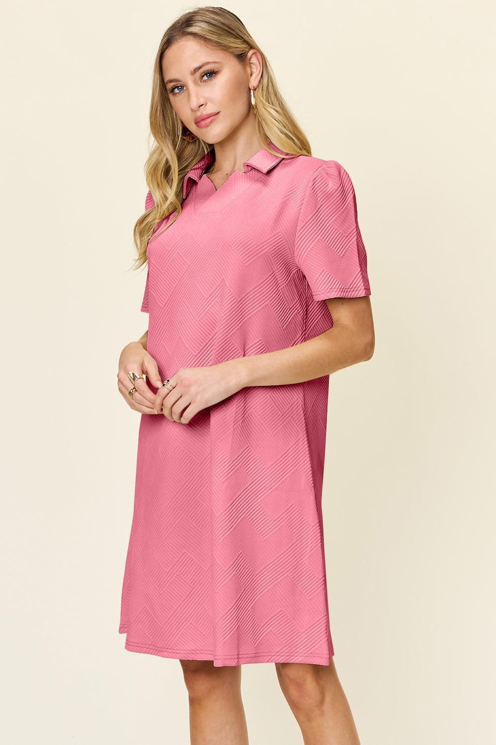Double Take Full Size Texture Collared Neck Short Sleeve Dress - ClubOn