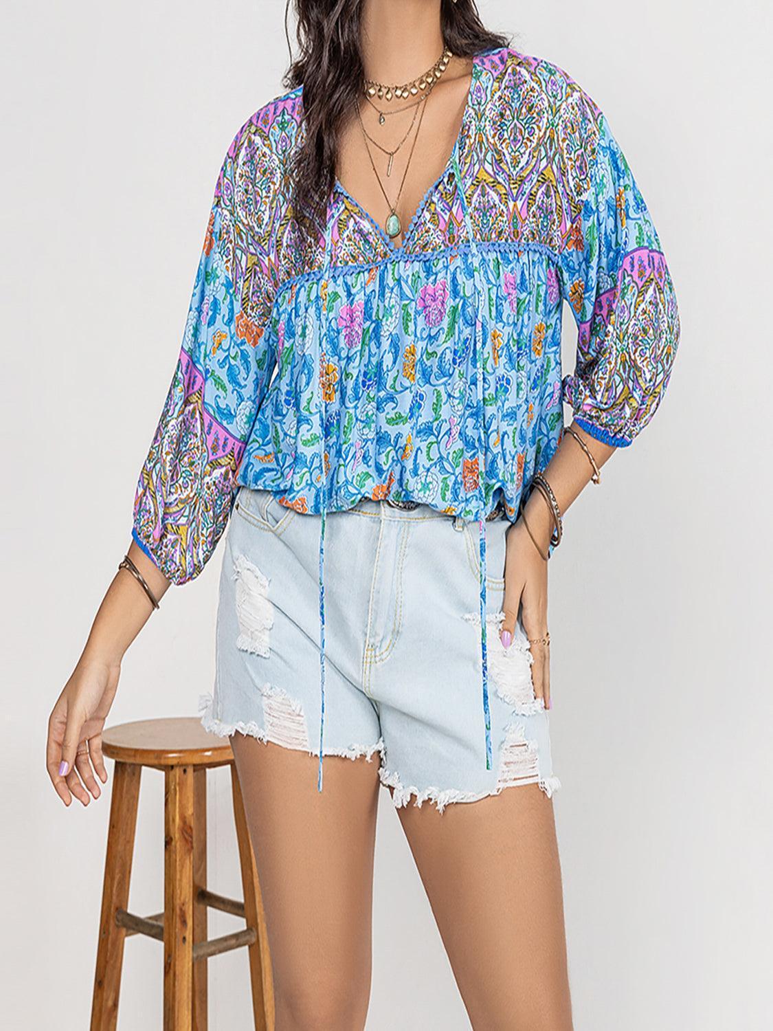 Plus Size Printed Tie Neck Balloon Sleeve Blouse - ClubOn