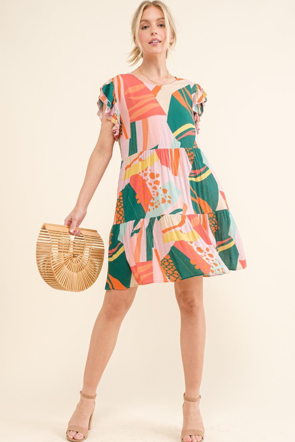 And The Why Printed Double Ruffle Sleeve Dress - ClubOn
