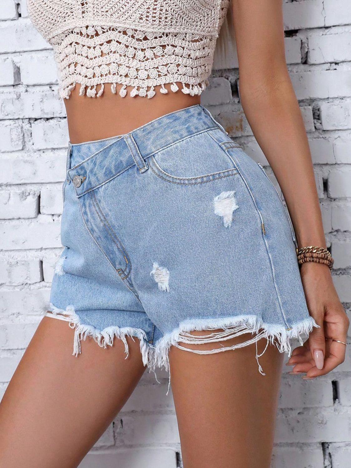 Distressed Raw Hem Denim Shorts - ClubOn