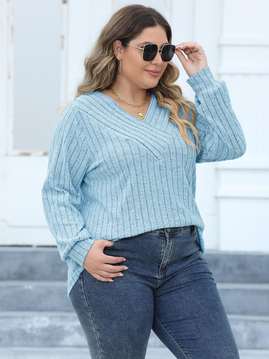Plus Size Ribbed V-Neck Long Sleeve Top - ClubOn