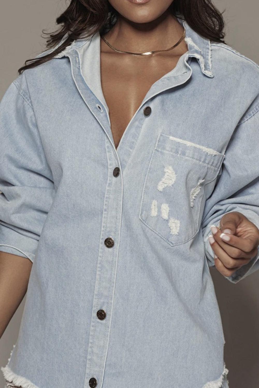 Distressed Long Sleeve Longline Denim Jacket - ClubOn
