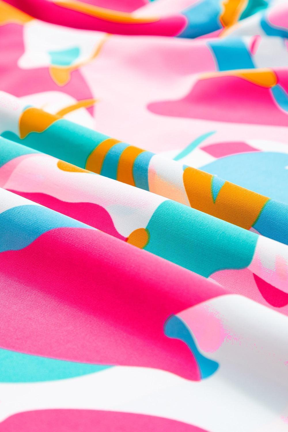 Plus Size Ruffled Printed Notched Cap Sleeve Blouse - ClubOn