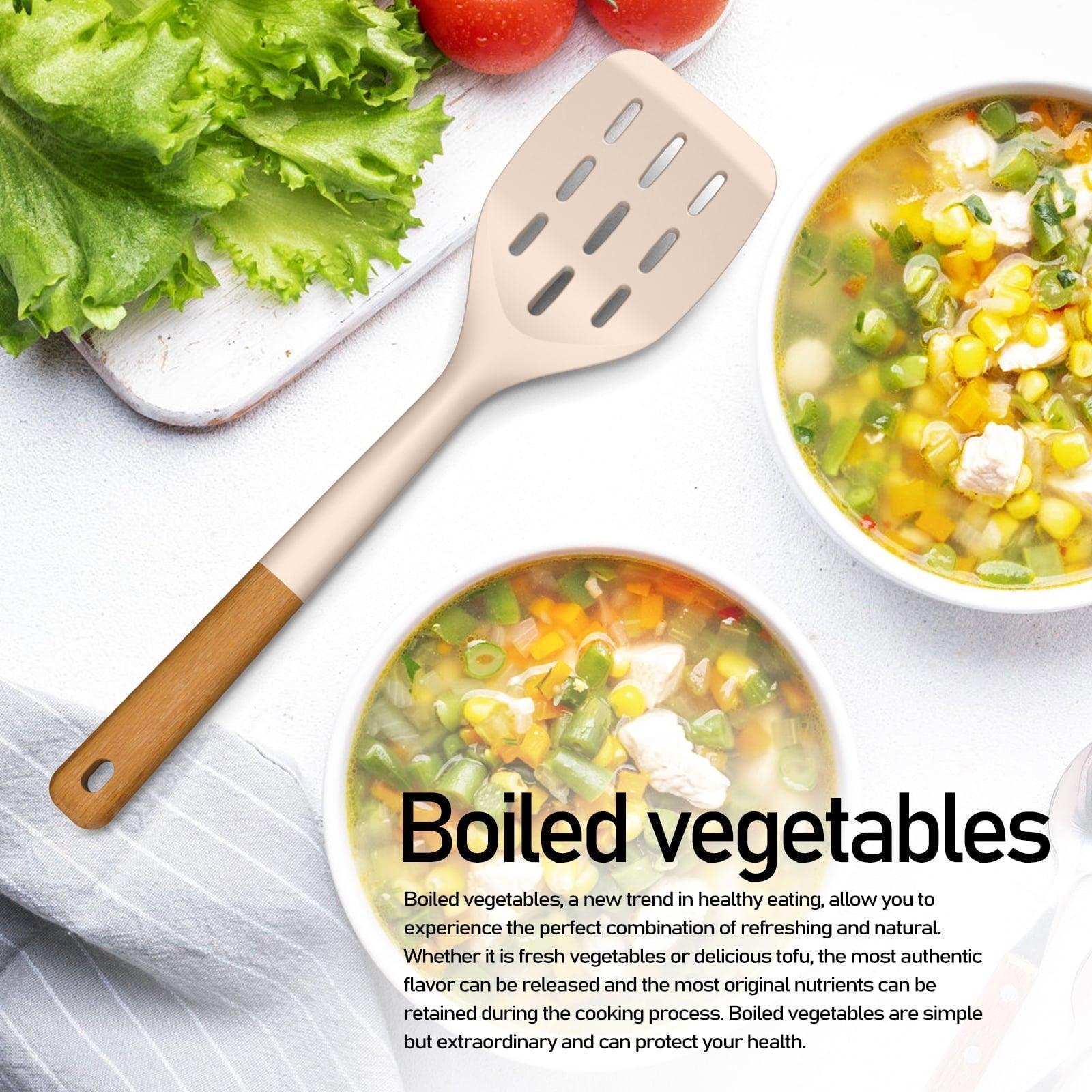 Large Silicone Cooking Utensils Set – Heat-Resistant Kitchen Tools with Wooden Handles, Spatula, Turner, Slotted Spoon, Pasta Server, Khaki - ClubOn