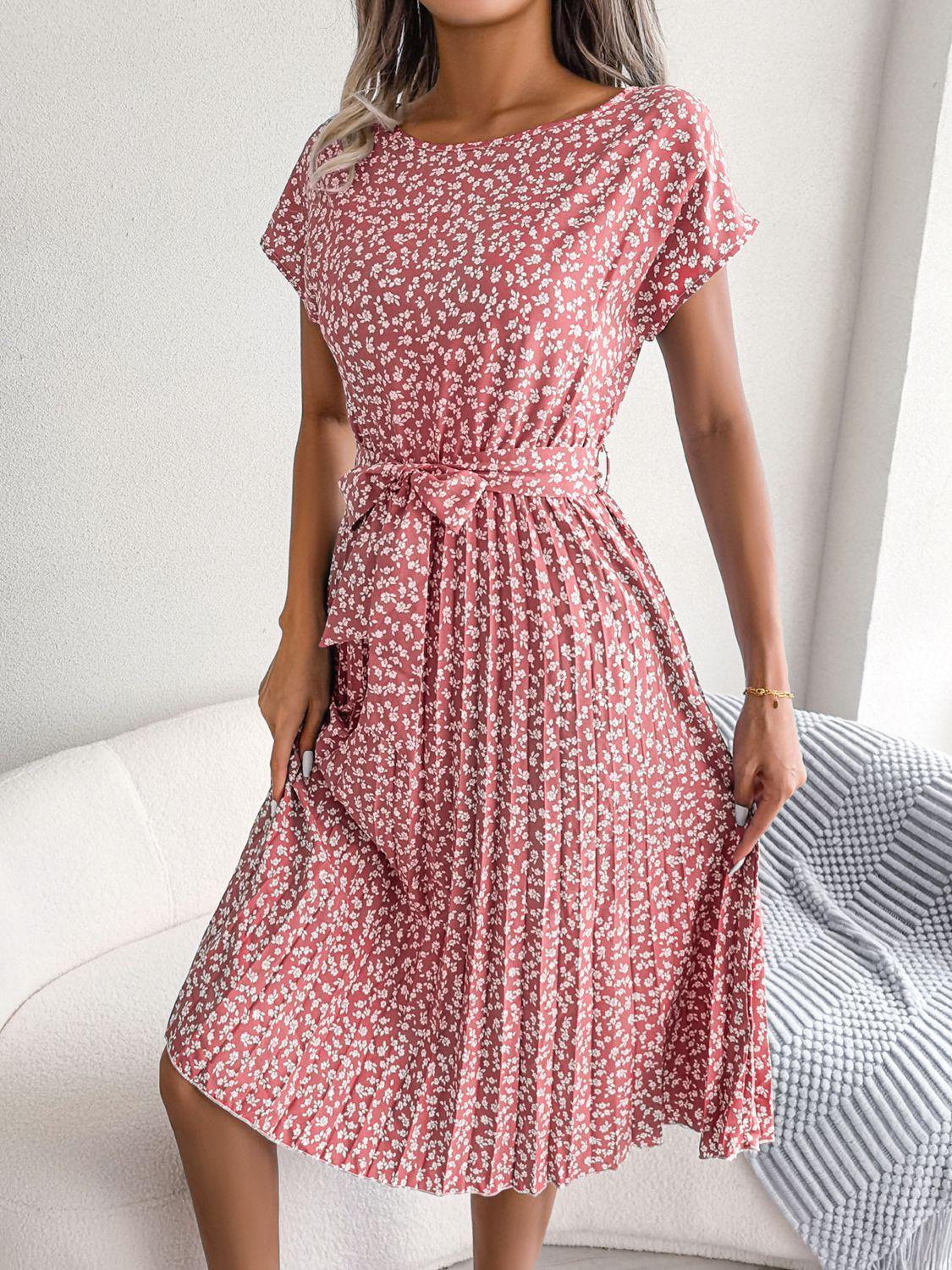 Ditsy Floral Pleated Belted Dress - ClubOn
