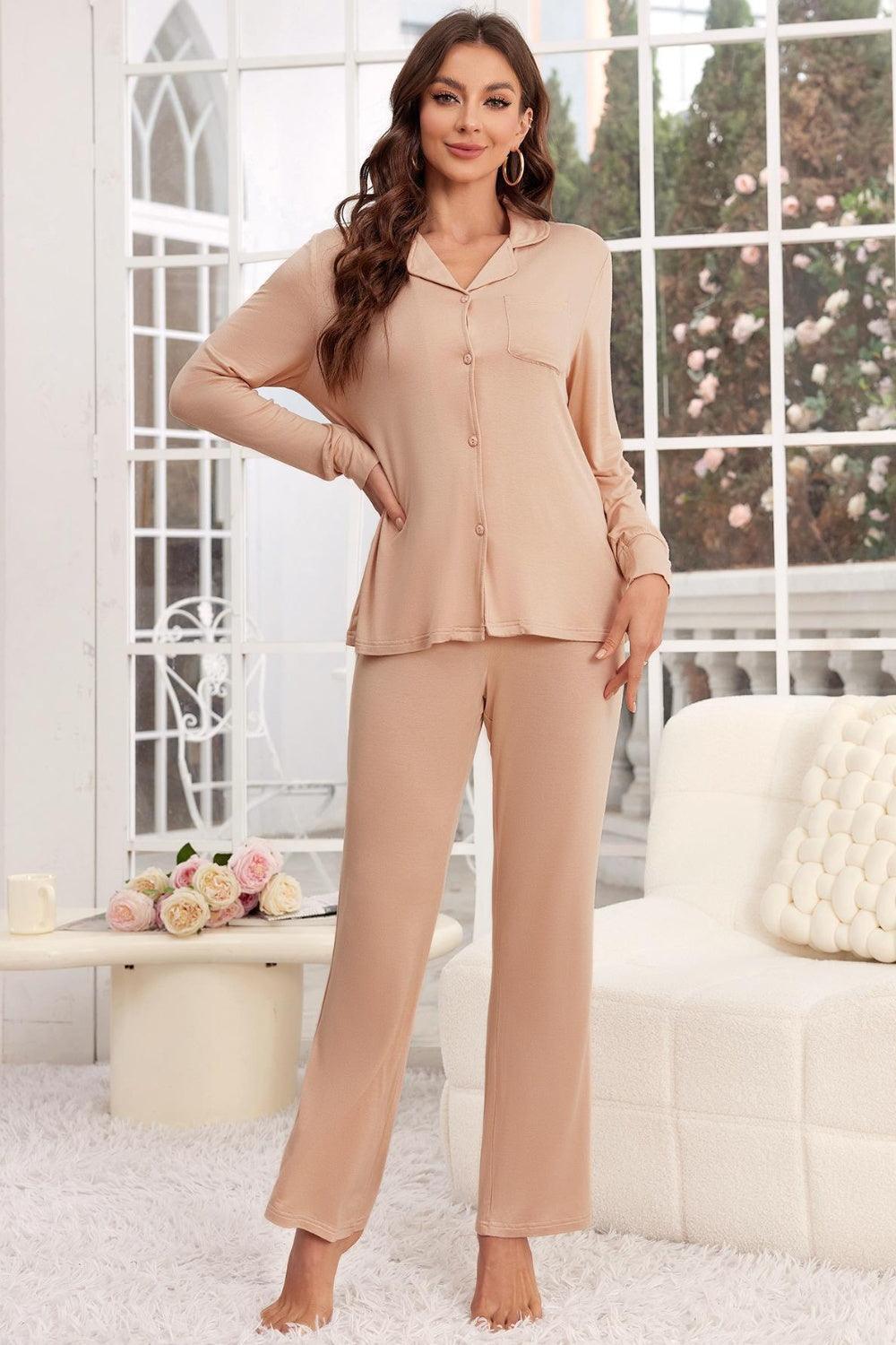Button Up Long Sleeve Top and Pants Lounge Set - ClubOn