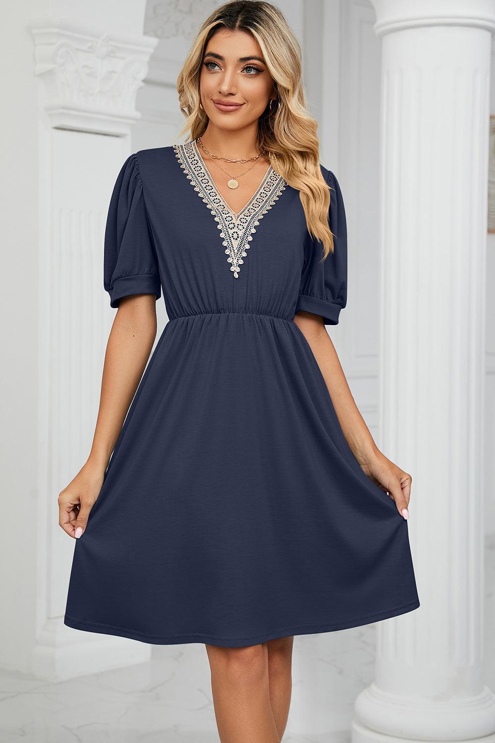 V-Neck Puff Sleeve Dress - ClubOn