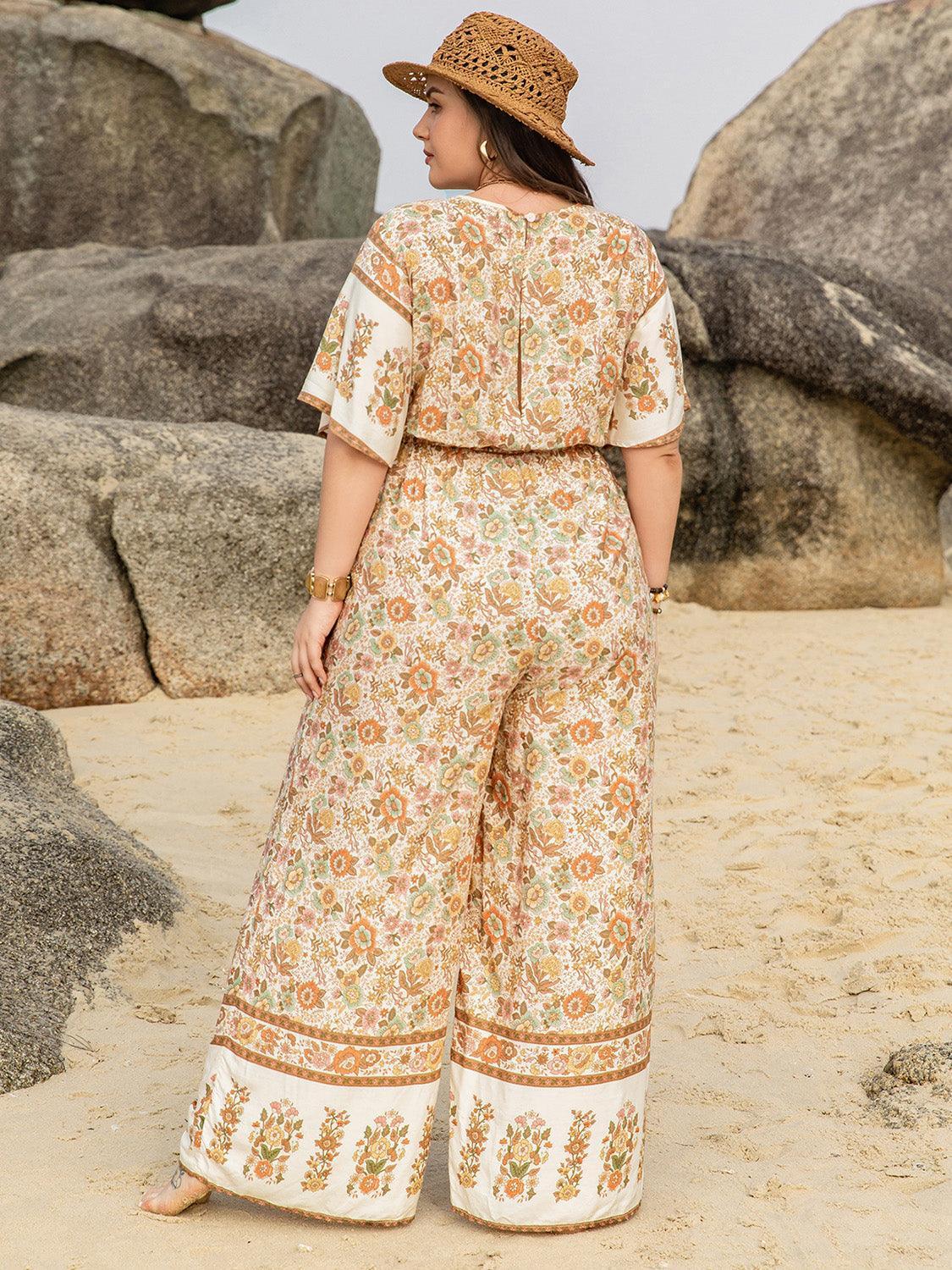 Plus Size V-Neck Flutter Sleeve Wide Leg Jumpsuit - ClubOn