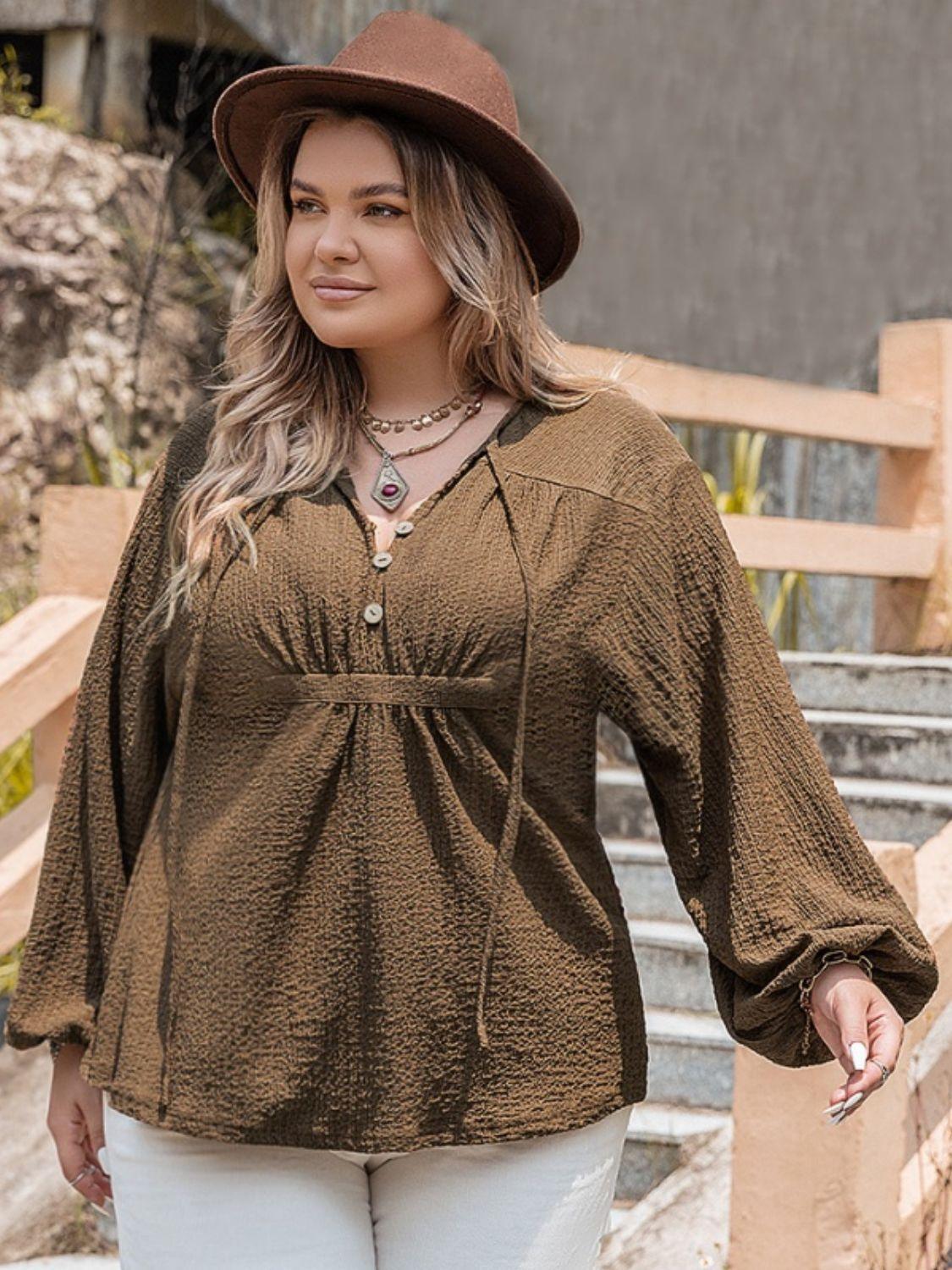 Plus Size Tie Neck Long Sleeve Blouse - ClubOn