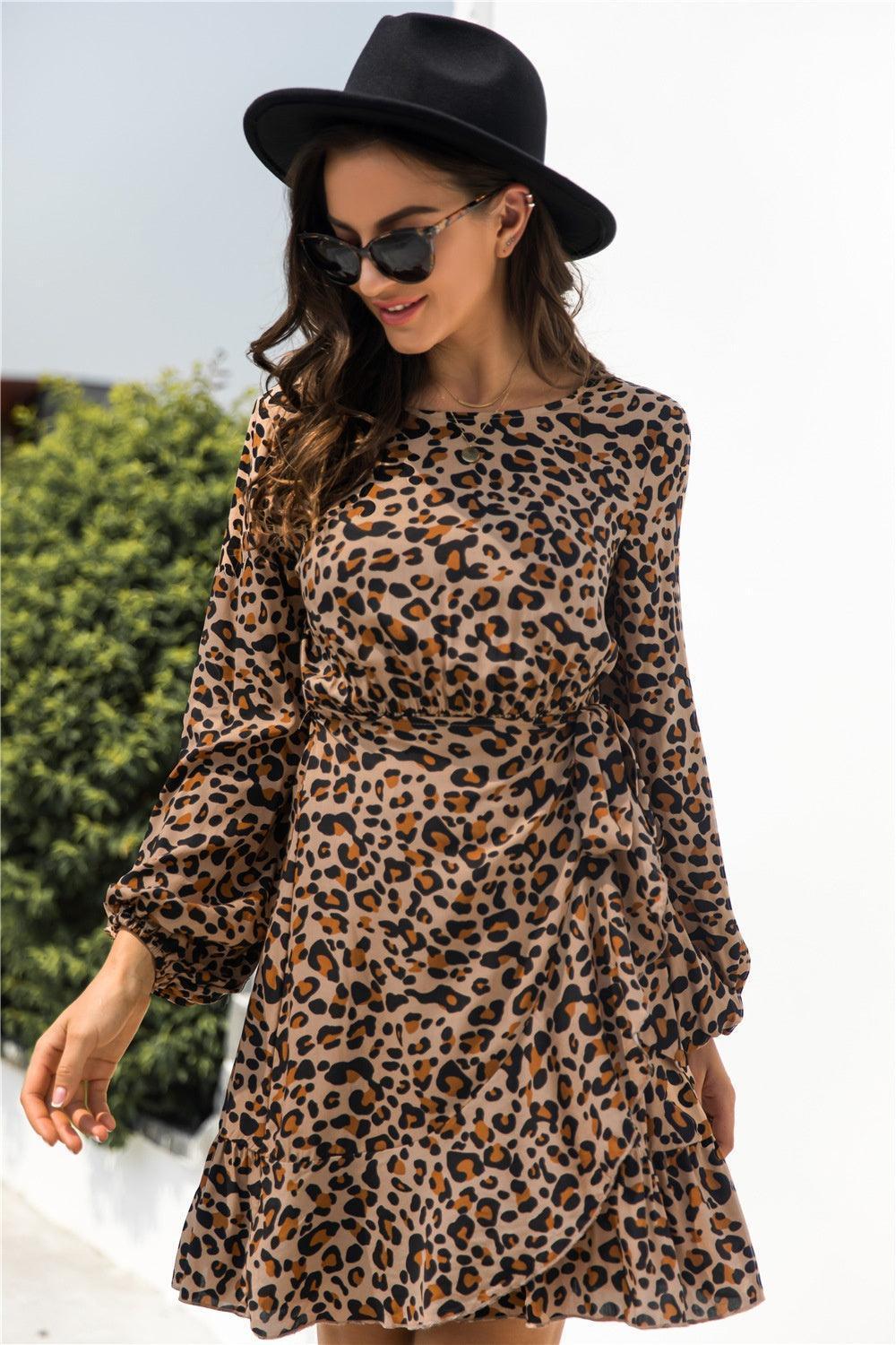 Animal Print Round Neck Balloon Sleeve Mini Dress - ClubOn