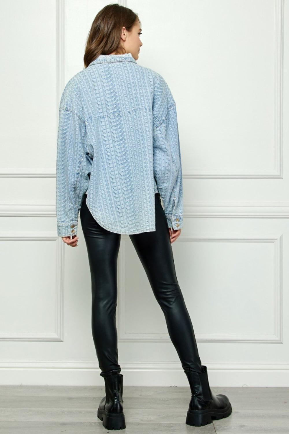 Veveret Button Up Dropped Shoulder Denim Top - ClubOn