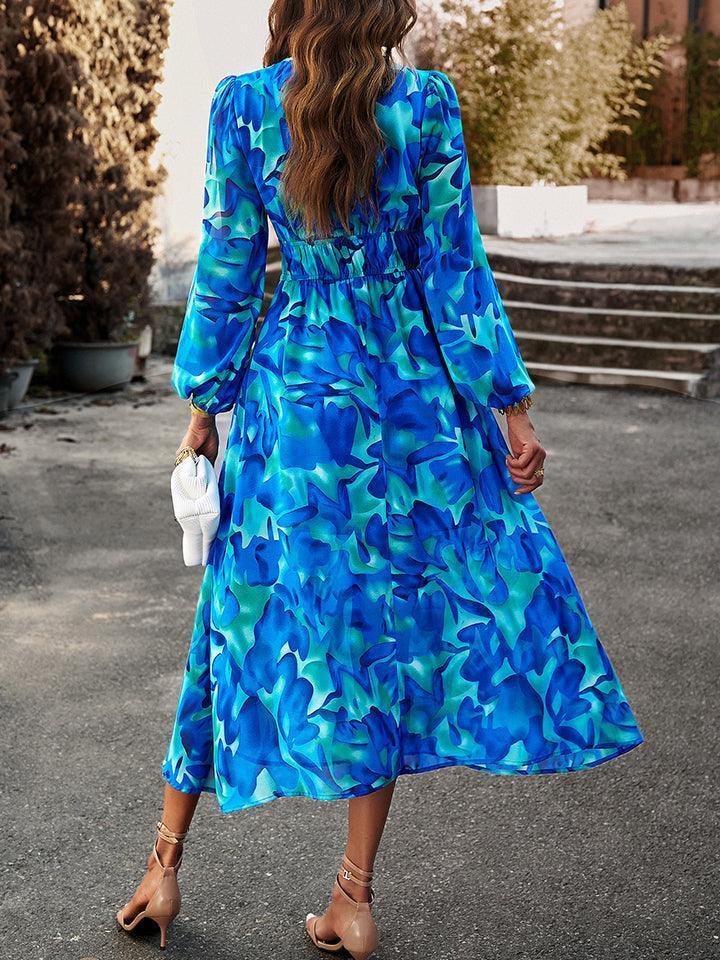 Devine Printed V-Neck Long Sleeve Midi Dress - ClubOn