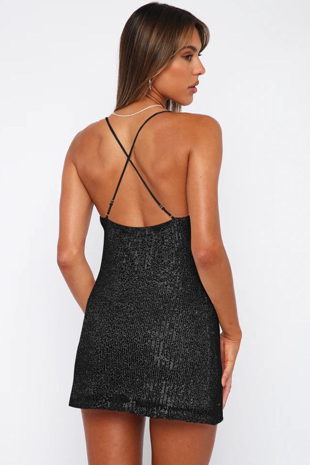 Cowl Neck Contrast Sequin Sleeveless Mini Dress - ClubOn