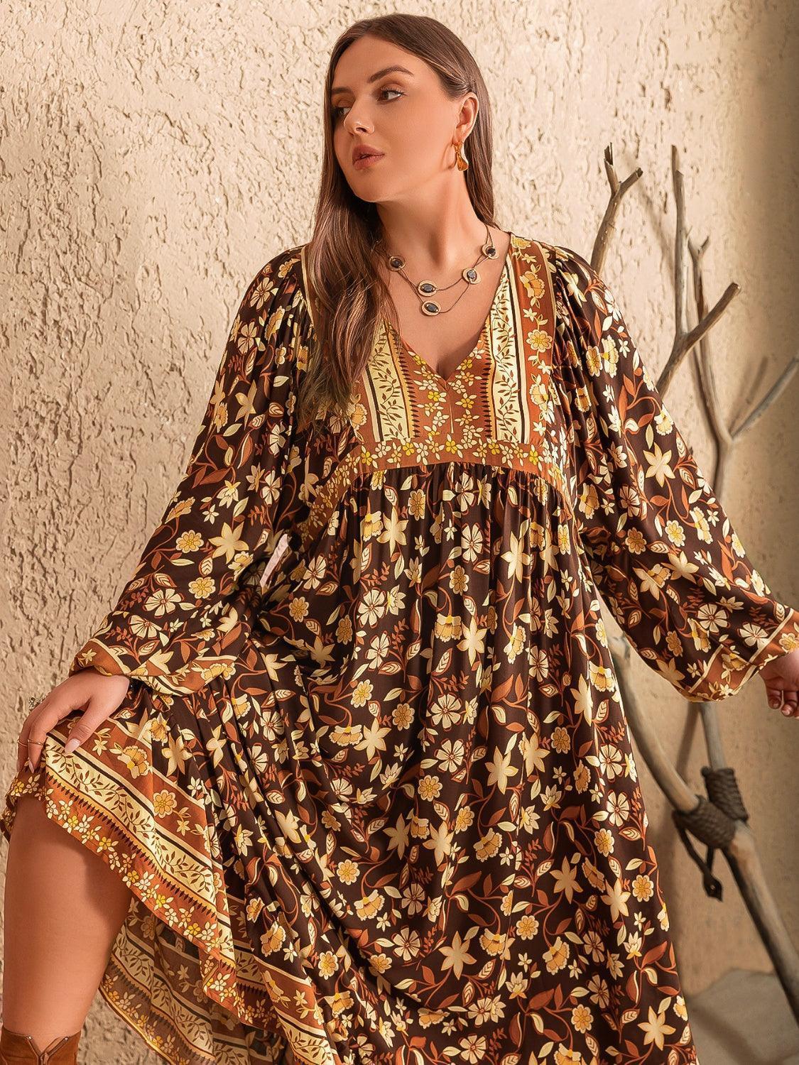 Plus Size Printed V-Neck Balloon Sleeve Dress - ClubOn